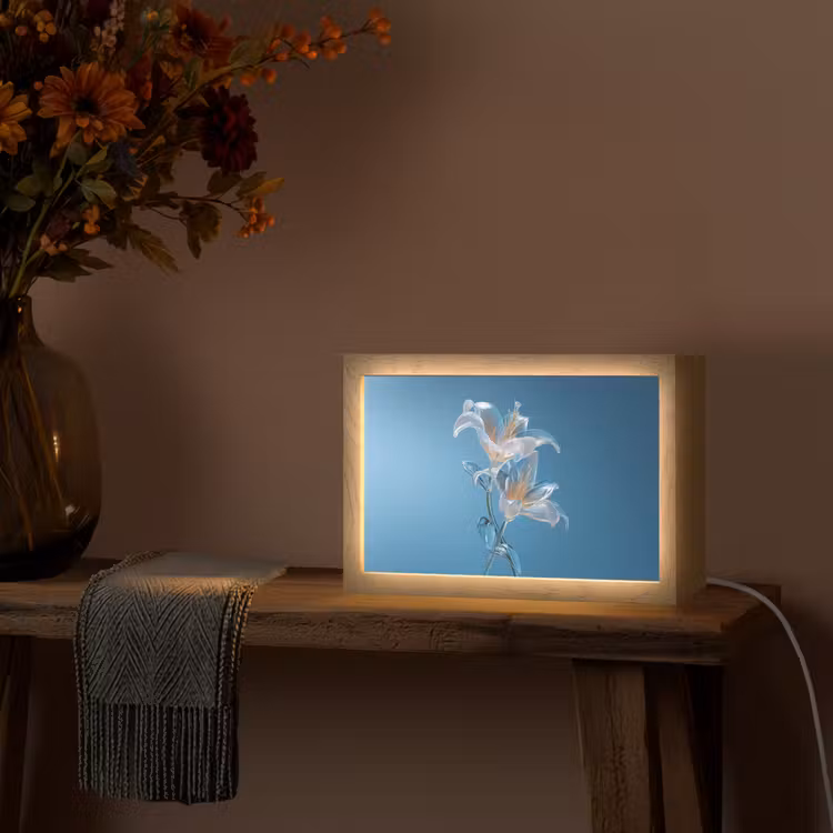 Lelies - Blauw - Glazen Light Box met kabel (Tafellamp) klein -sfeer4