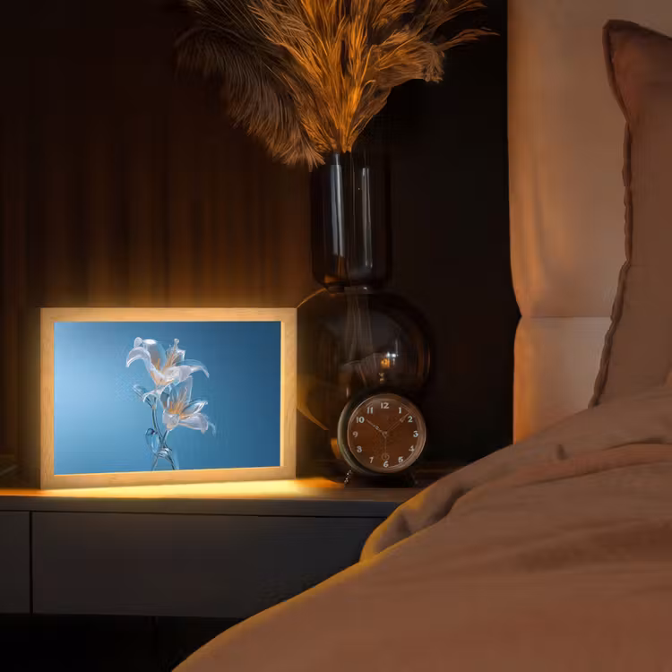 Lelies - Blauw - Glazen Light Box met kabel (Tafellamp) klein -sfeer1