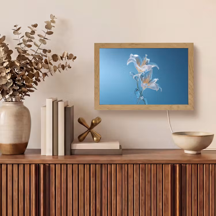 Lelies - Blauw - Glazen Light Box met kabel (Tafellamp) klein -sfeer2