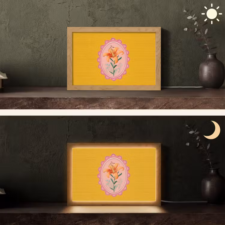 Lelie - Oranje - Lijst - Ovaal Light Box met kabel (Tafellamp) klein -sfeer3