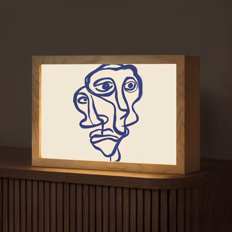 Lijntekening - Overlappende gezichten - Donkerblauw Light Box met kabel (Tafellamp) klein -z3d_website