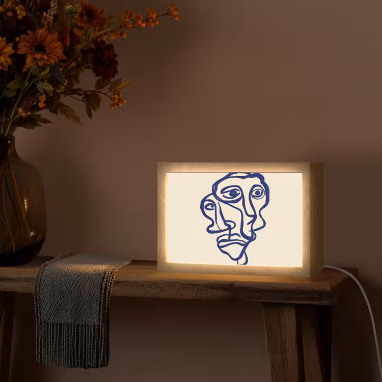 Lijntekening - Overlappende gezichten - Donkerblauw Light Box met kabel (Tafellamp) klein -sfeer4