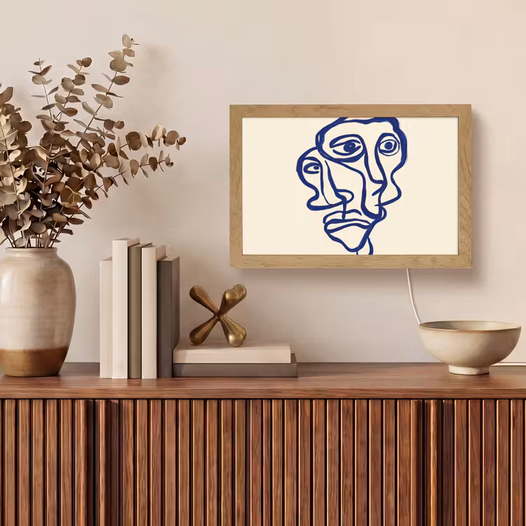 Lijntekening - Overlappende gezichten - Donkerblauw Light Box met kabel (Tafellamp) klein -sfeer2