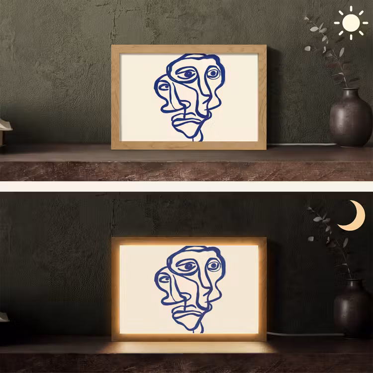 Lijntekening - Overlappende gezichten - Donkerblauw Light Box met kabel (Tafellamp) klein -sfeer3