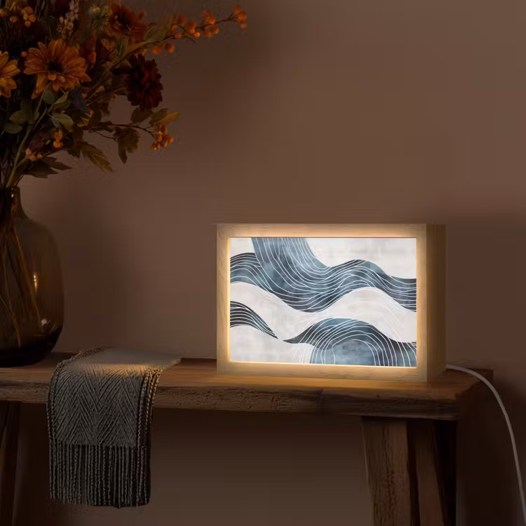 Lijnen - Golven - Abstract - Blauw Light Box met kabel (Tafellamp) klein -sfeer4