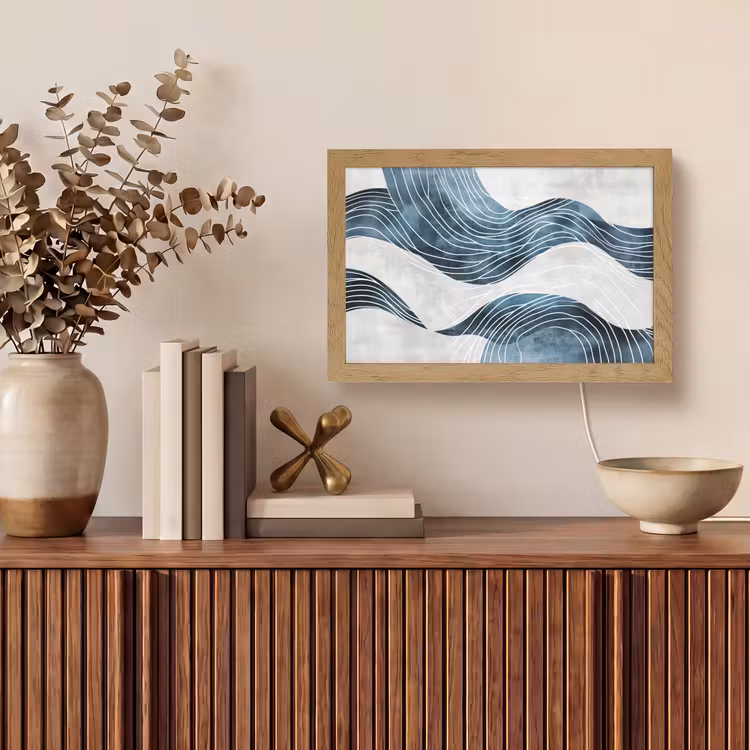 Lijnen - Golven - Abstract - Blauw Light Box met kabel (Tafellamp) klein -sfeer2
