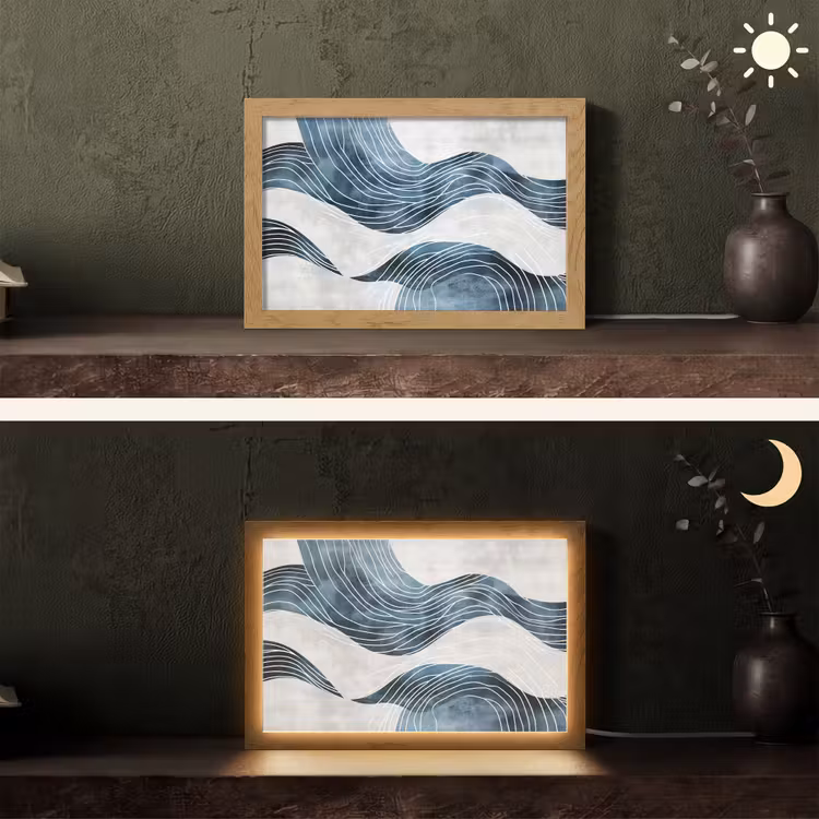 Lijnen - Golven - Abstract - Blauw Light Box met kabel (Tafellamp) klein -sfeer3