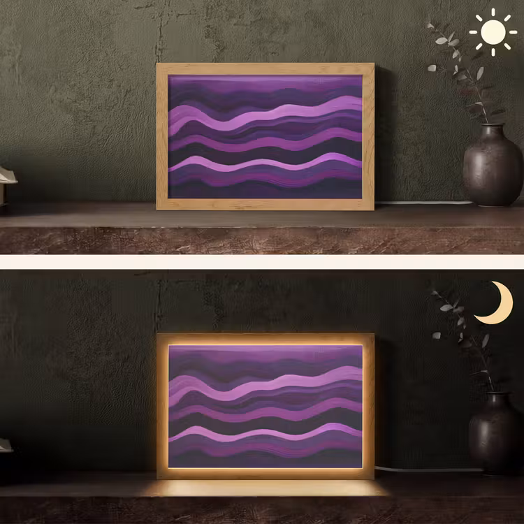 Lijnen - Golven - Paars - Abstract Light Box met kabel (Tafellamp) klein -sfeer3