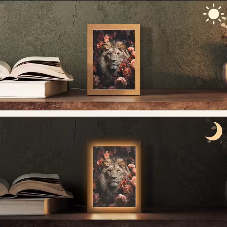 Leeuw - Dier - Natuur - Botanisch - Bloemen - Roze Light Box met kabel (Tafellamp) klein -sfeer3