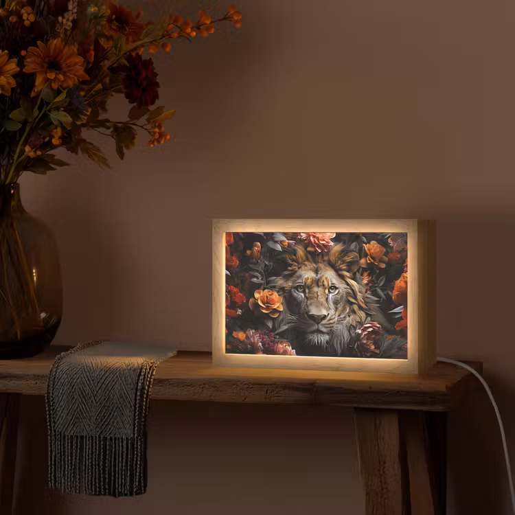 Leeuw - Dier - Natuur - Bloemen - Botanisch Light Box met kabel (Tafellamp) klein -sfeer4