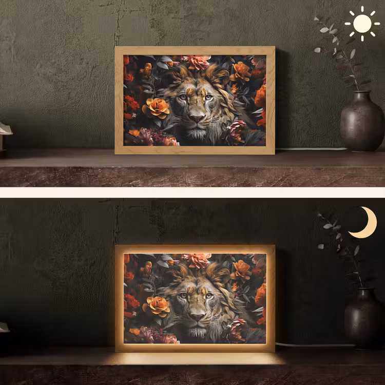 Leeuw - Dier - Natuur - Bloemen - Botanisch Light Box met kabel (Tafellamp) klein -sfeer3