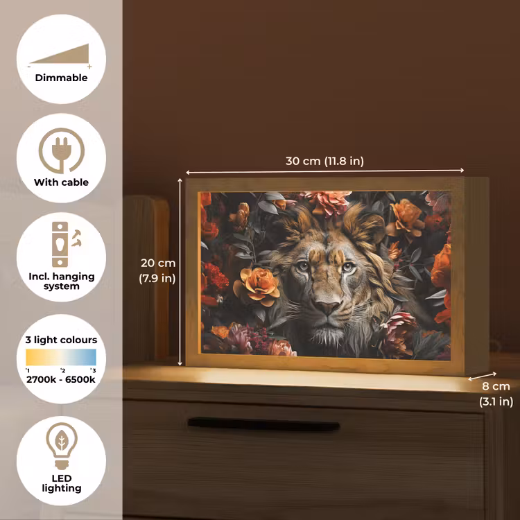 Leeuw - Dier - Natuur - Bloemen - Botanisch Light Box met kabel (Tafellamp) klein -USP_EN