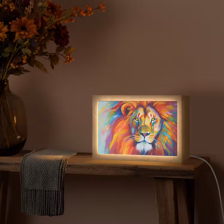 Leeuw - Dieren - Olieverf - Regenboog Light Box met kabel (Tafellamp) klein -sfeer4