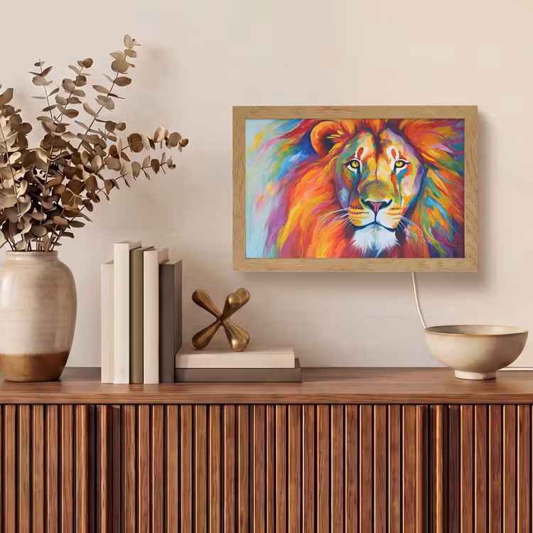 Leeuw - Dieren - Olieverf - Regenboog Light Box met kabel (Tafellamp) klein -sfeer2