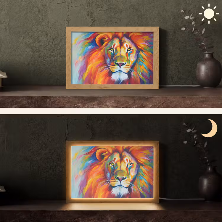 Leeuw - Dieren - Olieverf - Regenboog Light Box met kabel (Tafellamp) klein -sfeer3