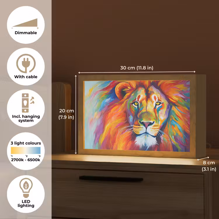 Leeuw - Dieren - Olieverf - Regenboog Light Box met kabel (Tafellamp) klein -USP_EN