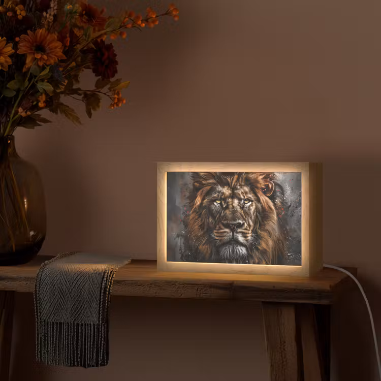 Leeuw - Dieren - Portret - Zwart - Luxe Light Box met kabel (Tafellamp) klein -sfeer4