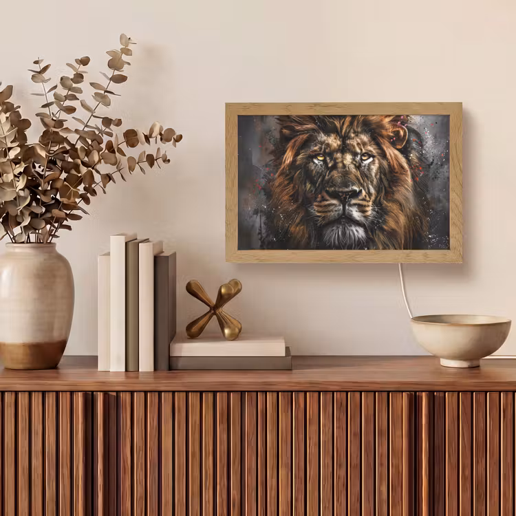 Leeuw - Dieren - Portret - Zwart - Luxe Light Box met kabel (Tafellamp) klein -sfeer2