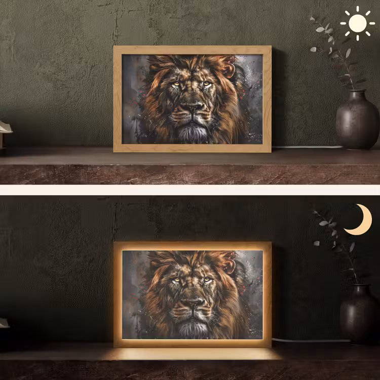 Leeuw - Dieren - Portret - Zwart - Luxe Light Box met kabel (Tafellamp) klein -sfeer3