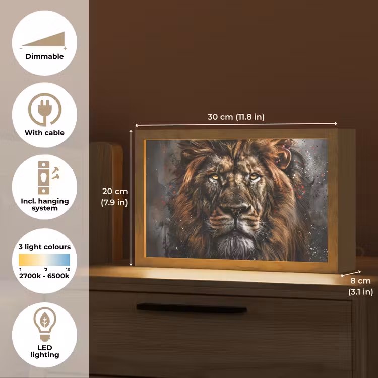 Leeuw - Dieren - Portret - Zwart - Luxe Light Box met kabel (Tafellamp) klein -USP_EN