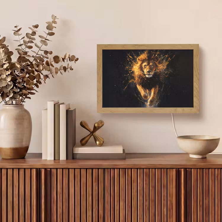 Leeuw - Zwart - Oranje - Verf Light Box met kabel (Tafellamp) klein -sfeer2