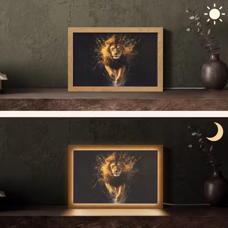 Leeuw - Zwart - Oranje - Verf Light Box met kabel (Tafellamp) klein -sfeer3