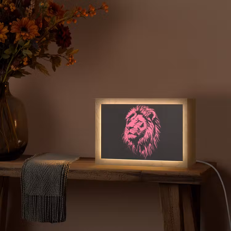 Leeuw - Zwart - Roze - Neon Light Box met kabel (Tafellamp) klein -sfeer4