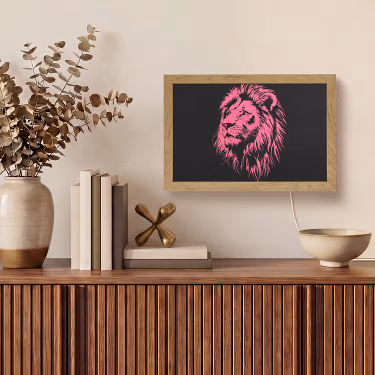 Leeuw - Zwart - Roze - Neon Light Box met kabel (Tafellamp) klein -sfeer2