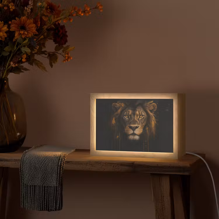 Leeuw - Goud - Druppels Light Box met kabel (Tafellamp) klein -sfeer4