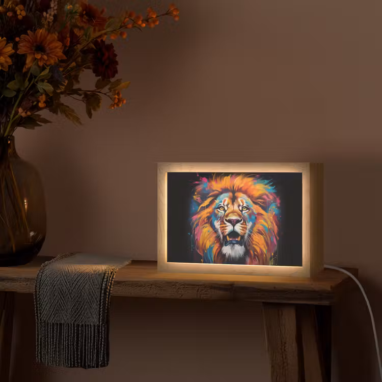 Leeuw - Graffiti - Dieren - Zwart Light Box met kabel (Tafellamp) klein -sfeer4