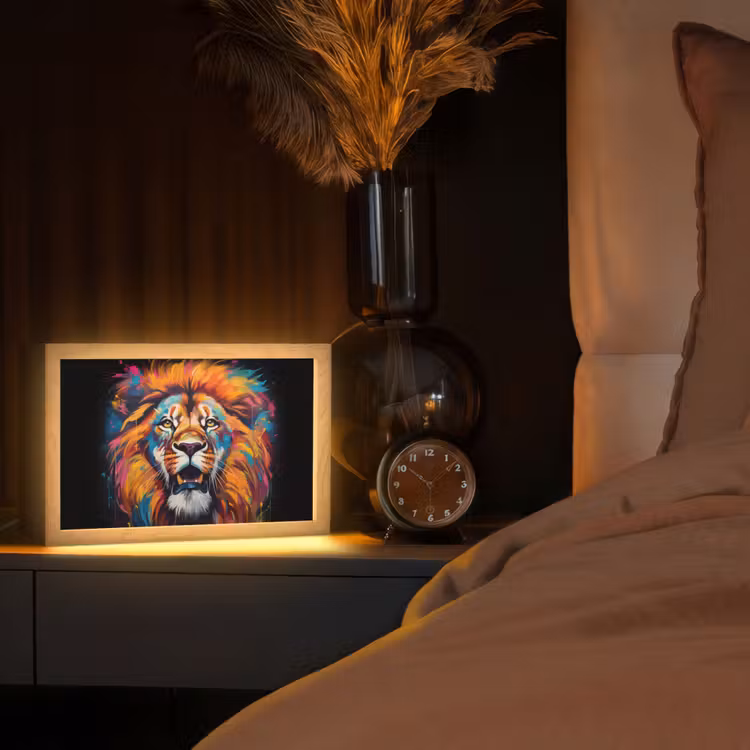 Leeuw - Graffiti - Dieren - Zwart Light Box met kabel (Tafellamp) klein -sfeer1