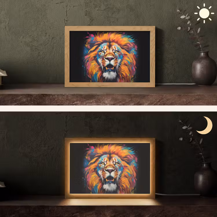 Leeuw - Graffiti - Dieren - Zwart Light Box met kabel (Tafellamp) klein -sfeer3