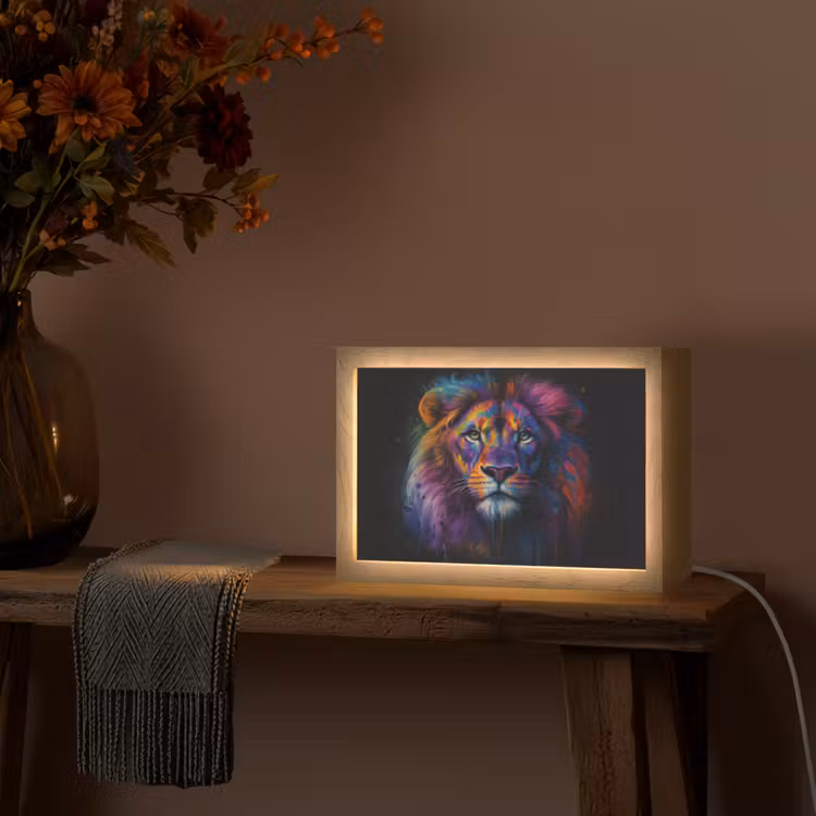 Leeuwenkop - Felgekleurd - Abstract Light Box met kabel (Tafellamp) klein -sfeer4