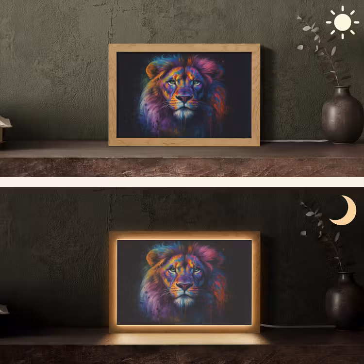 Leeuwenkop - Felgekleurd - Abstract Light Box met kabel (Tafellamp) klein -sfeer3