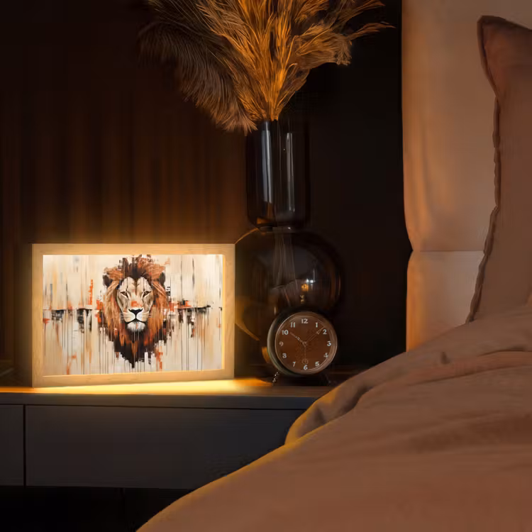 Leeuwenkop - Lijnen - Crème Light Box met kabel (Tafellamp) klein -sfeer1