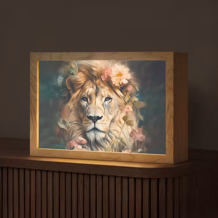 Leeuw - Leeuwenkop - Wilde dieren - Bloemen Light Box met kabel (Tafellamp) klein -z3d_website