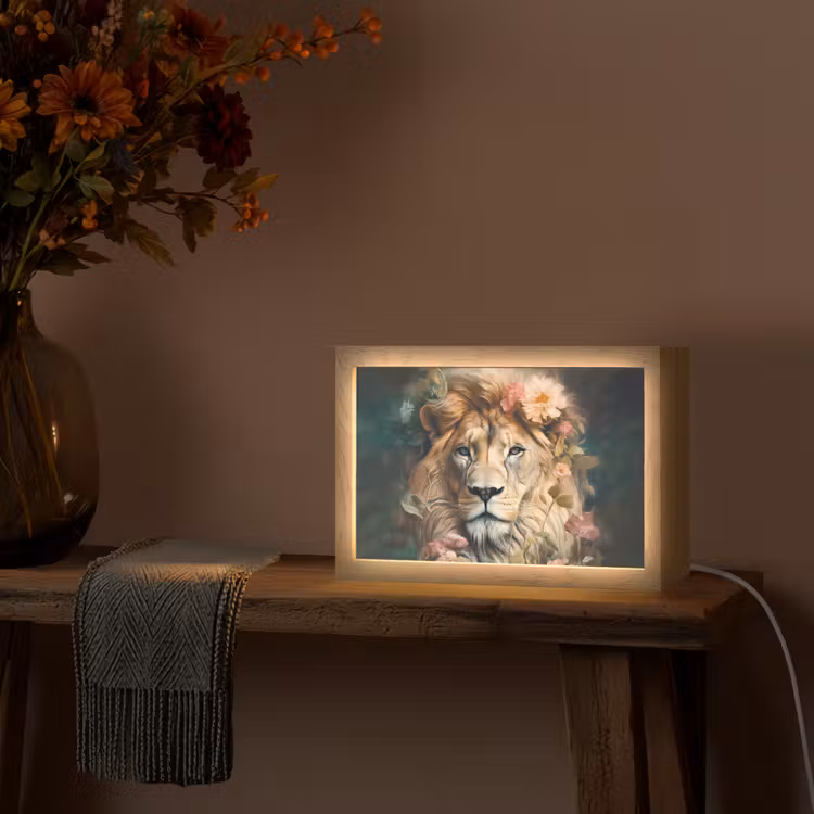 Leeuw - Leeuwenkop - Wilde dieren - Bloemen Light Box met kabel (Tafellamp) klein -sfeer4