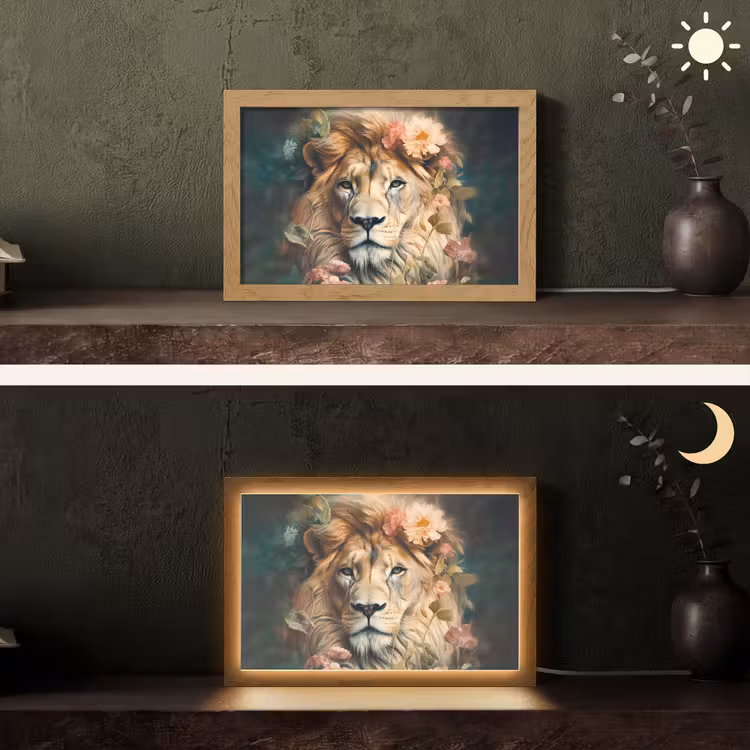 Leeuw - Leeuwenkop - Wilde dieren - Bloemen Light Box met kabel (Tafellamp) klein -sfeer3