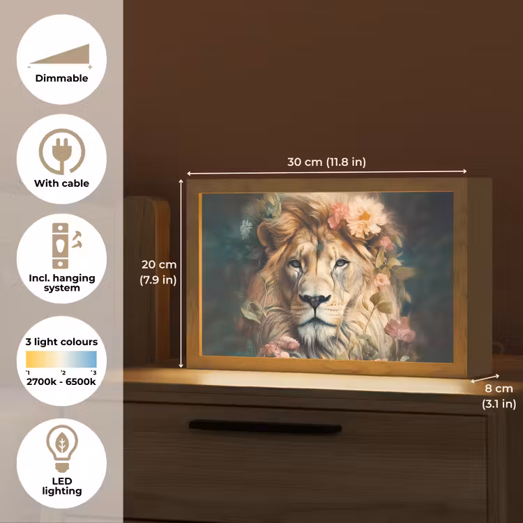 Leeuw - Leeuwenkop - Wilde dieren - Bloemen Light Box met kabel (Tafellamp) klein -USP_EN