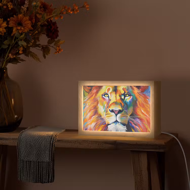 Leeuw - Olieverf - Kunst - Dieren Light Box met kabel (Tafellamp) klein -sfeer4