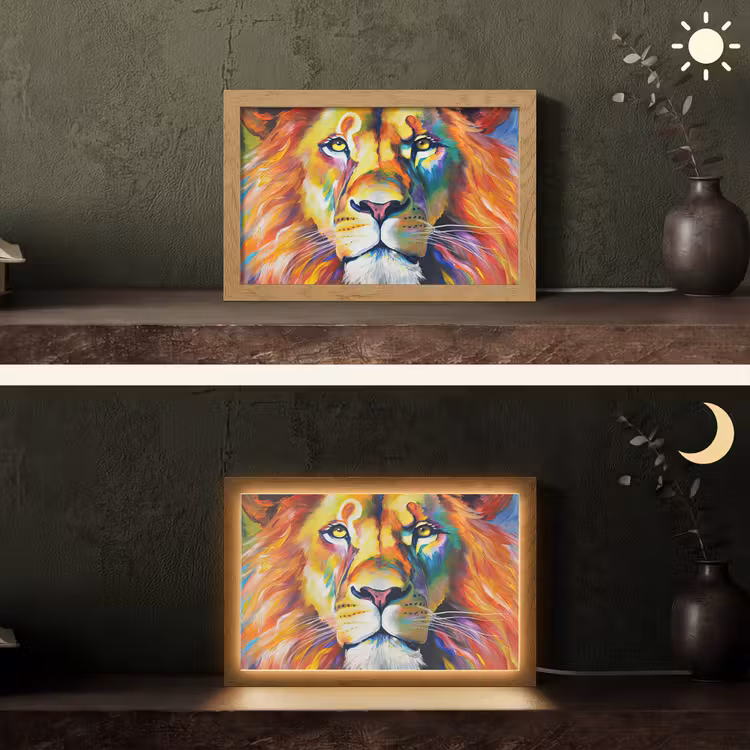Leeuw - Olieverf - Kunst - Dieren Light Box met kabel (Tafellamp) klein -sfeer3