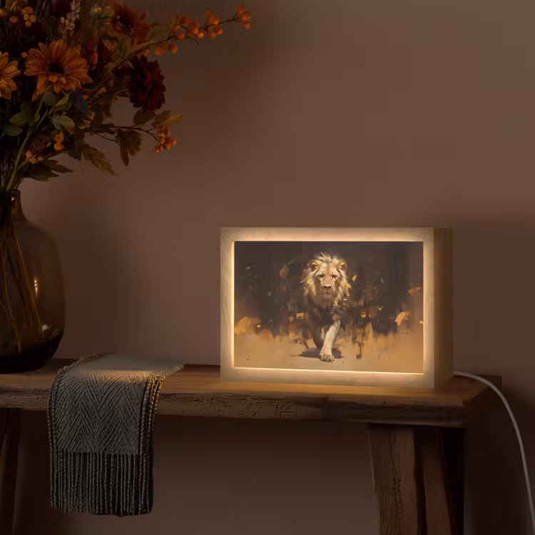 Leeuw - Geschilderd - Abstract - Goud Light Box met kabel (Tafellamp) klein -sfeer4