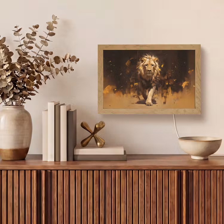 Leeuw - Geschilderd - Abstract - Goud Light Box met kabel (Tafellamp) klein -sfeer2