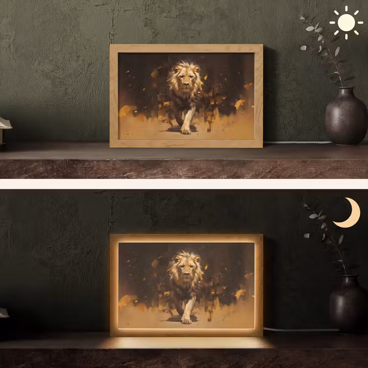 Leeuw - Geschilderd - Abstract - Goud Light Box met kabel (Tafellamp) klein -sfeer3