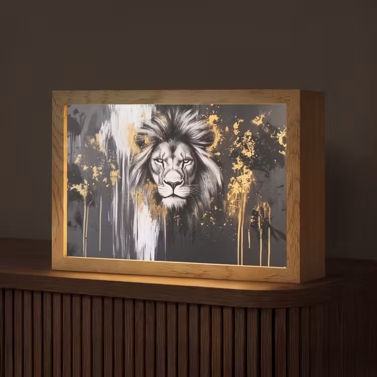 Leeuw - Portret - Verfspatten - Grijs Light Box met kabel (Tafellamp) klein -z3d_website