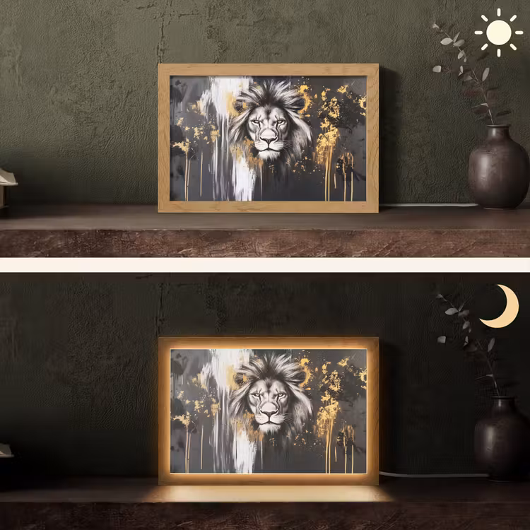 Leeuw - Portret - Verfspatten - Grijs Light Box met kabel (Tafellamp) klein -sfeer3