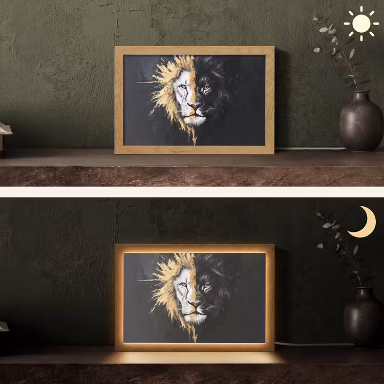 Leeuw - Gesplitst - Zwart - Lijn Light Box met kabel (Tafellamp) klein -sfeer3