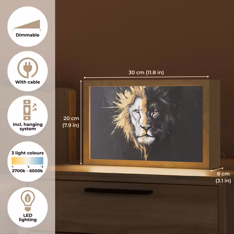 Leeuw - Gesplitst - Zwart - Lijn Light Box met kabel (Tafellamp) klein -USP_EN