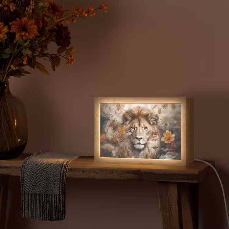 Leeuw - Wilde dieren - Planten - Natuur - Bloemen Light Box met kabel (Tafellamp) klein -sfeer4