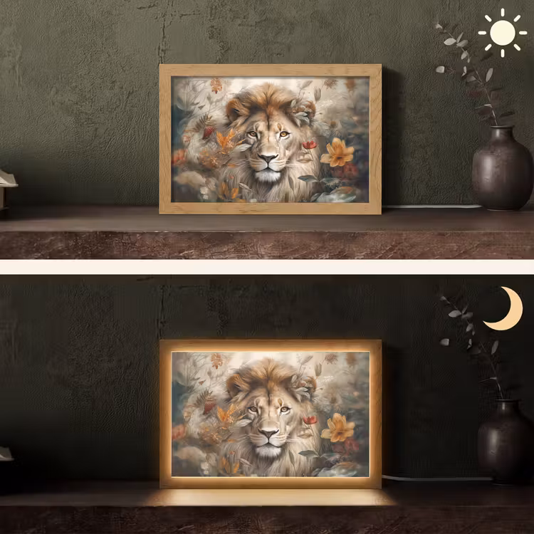Leeuw - Wilde dieren - Planten - Natuur - Bloemen Light Box met kabel (Tafellamp) klein -sfeer3